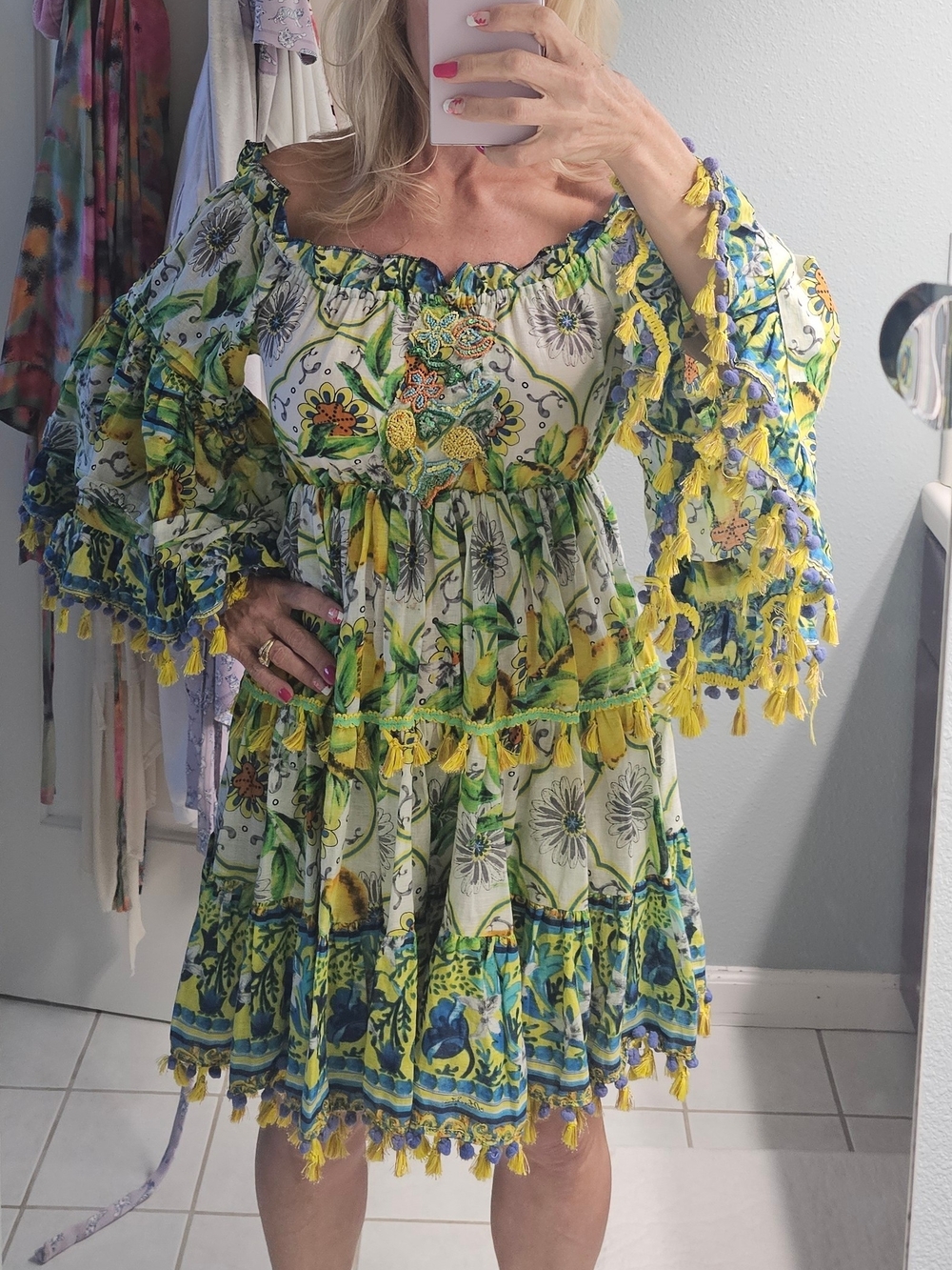 ANTICA SARTORIA LEMONS & FLOWERS Mini Dress Beads Embroidery 100% Cotton OS